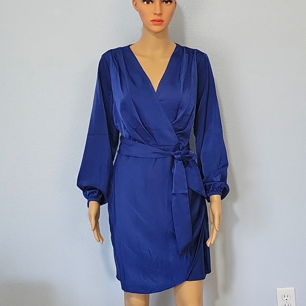Women's Sexy V Neck Long Lantern Sleeve Ruched Satin Mini Dress Tie Waist Short
